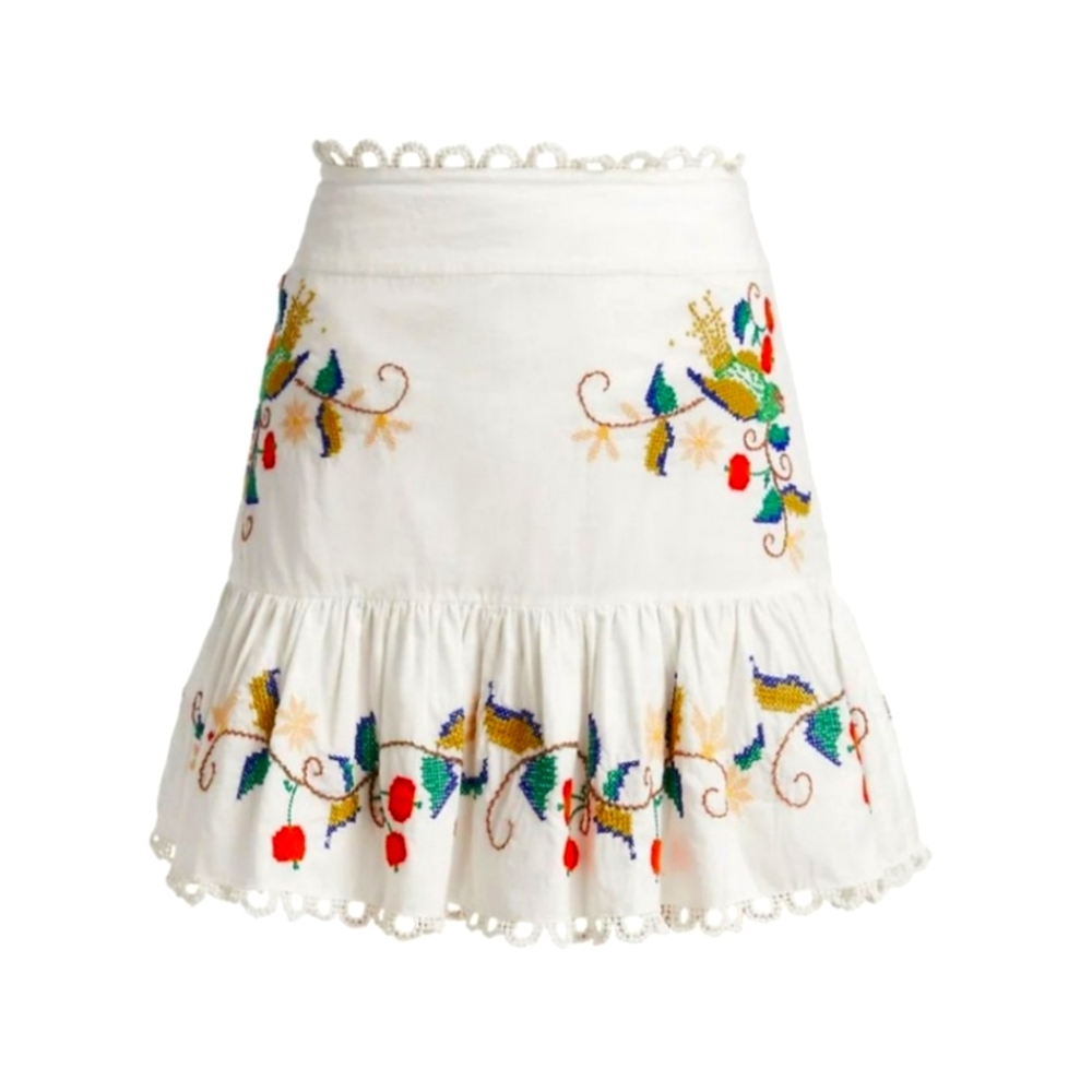 NWT Farm Rio Pitanga Embroidery Mini Skirt  L White Cotton Tiered Scalloped